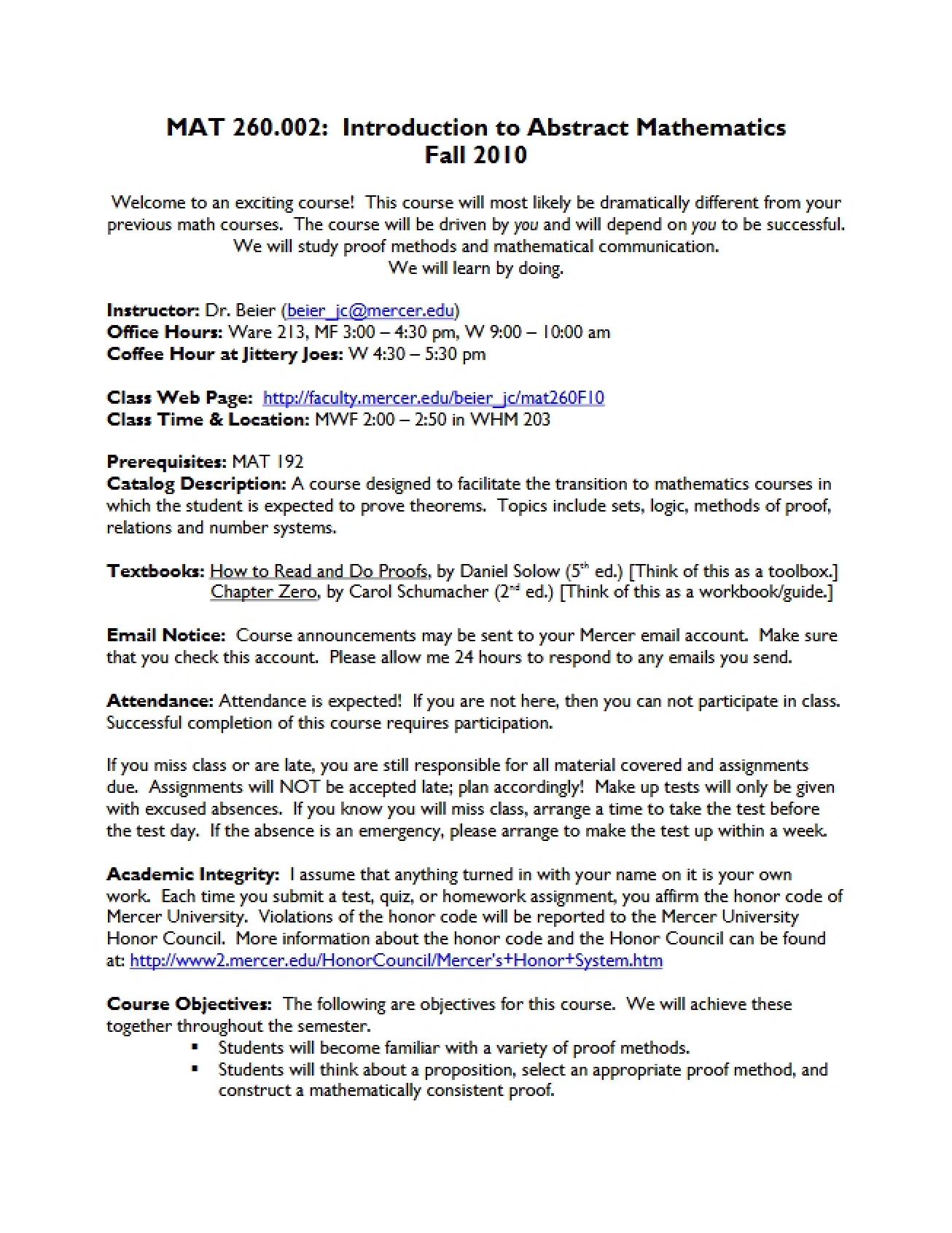Course Syllabus for Abstract Math