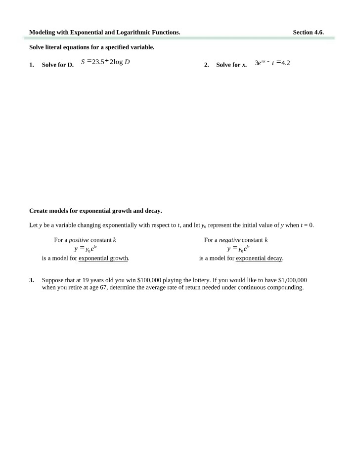 Exercises for Modeling with Exponential and Logarithmic Functions