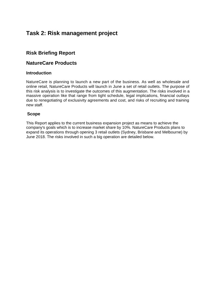 Managing Risks for NatureCare Products Expansion