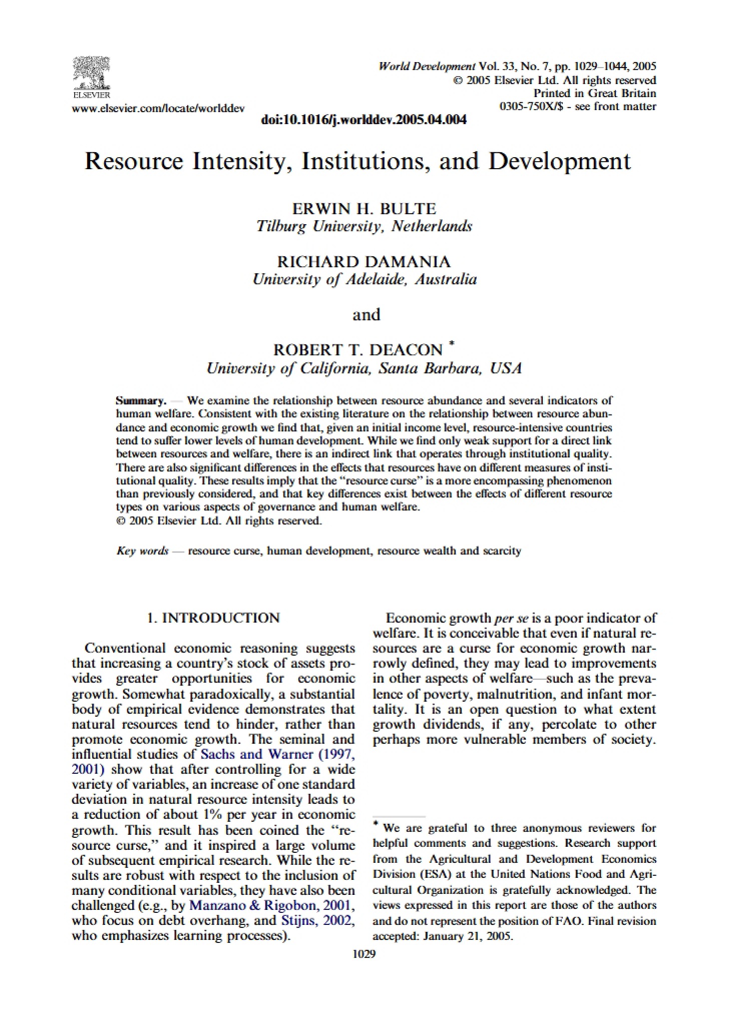 Development, Institutions, and Resource Intensity
