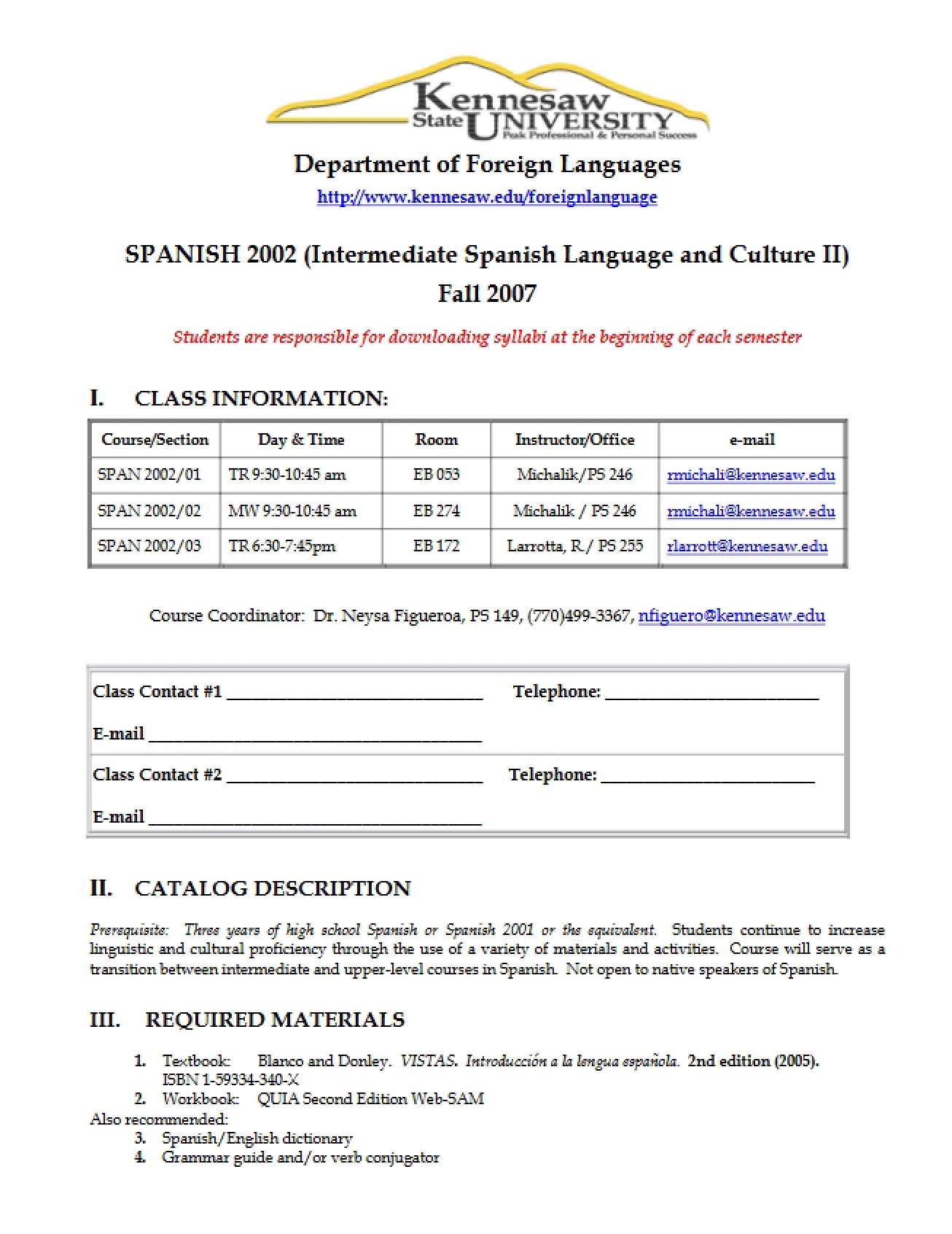 SPAN 2002 Class Schedule