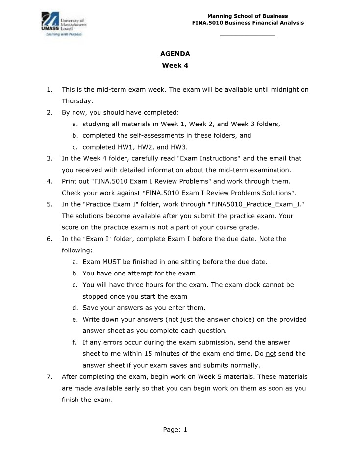 FINA.5010 Week 4 Agenda - Business Financial Analysis