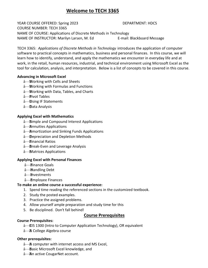 Excel Applications for Discrete Methods in Technology