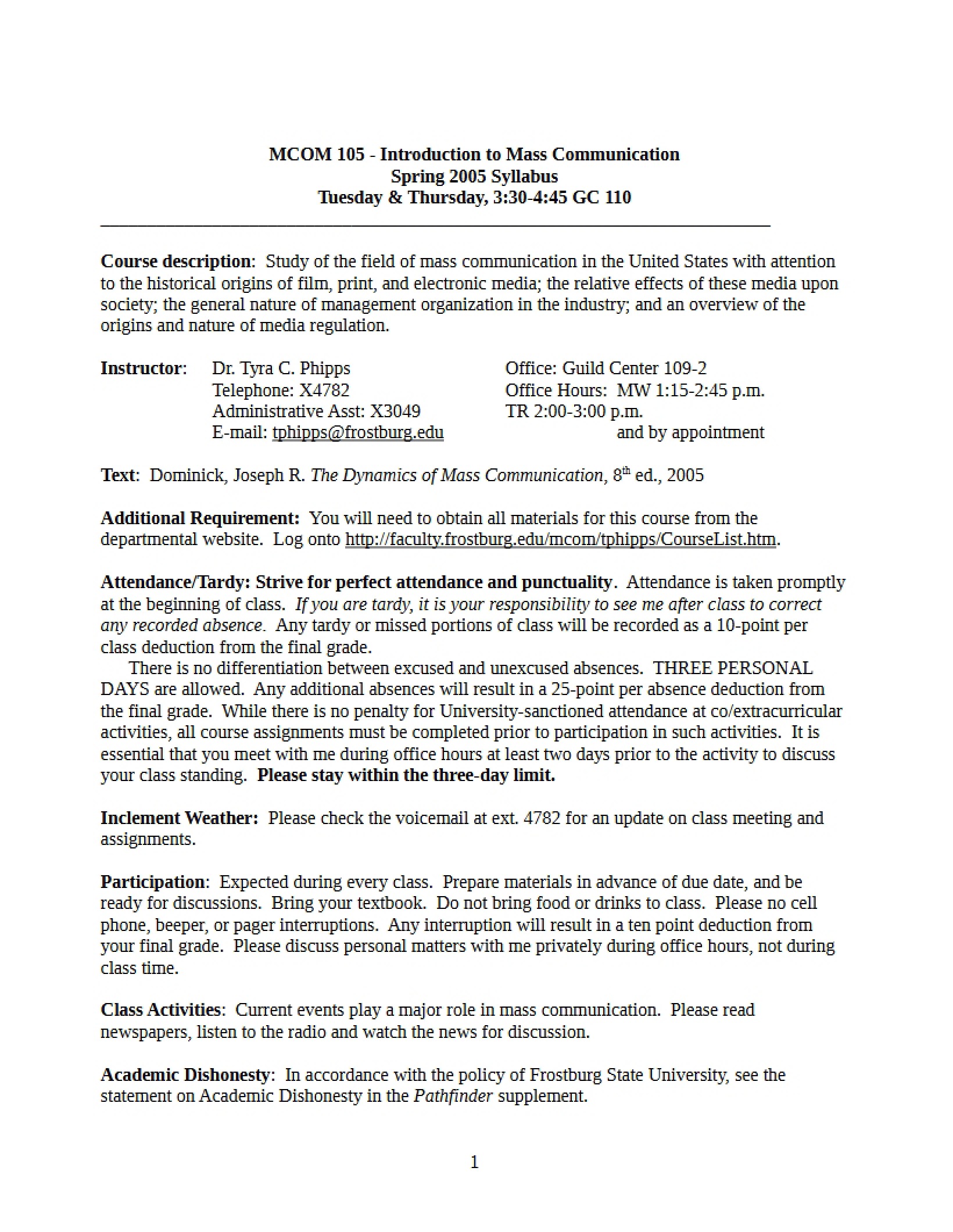 Syllabus for Introduction to Mass Communication