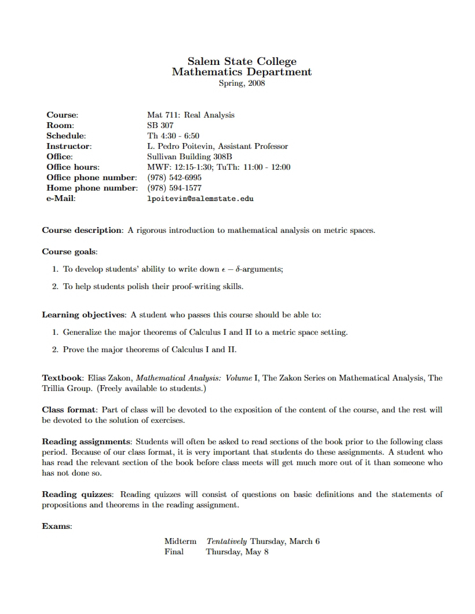 Real Analysis I Syllabus