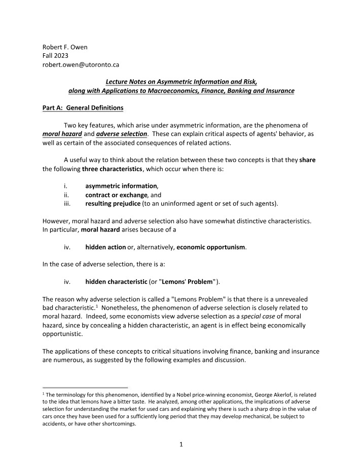 Lecture Notes - Asymmetric Information and Risk