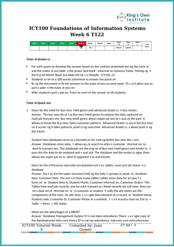 ICT100 Foundations of Information Systems Tutorial Week 6 Slides