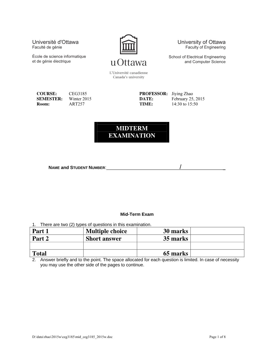 Winter 2015 Midterm Exam for CEG3185