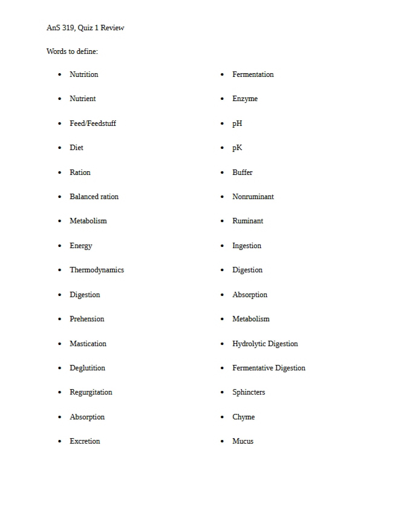 Review Questions for the First Animal Nutrition Quiz