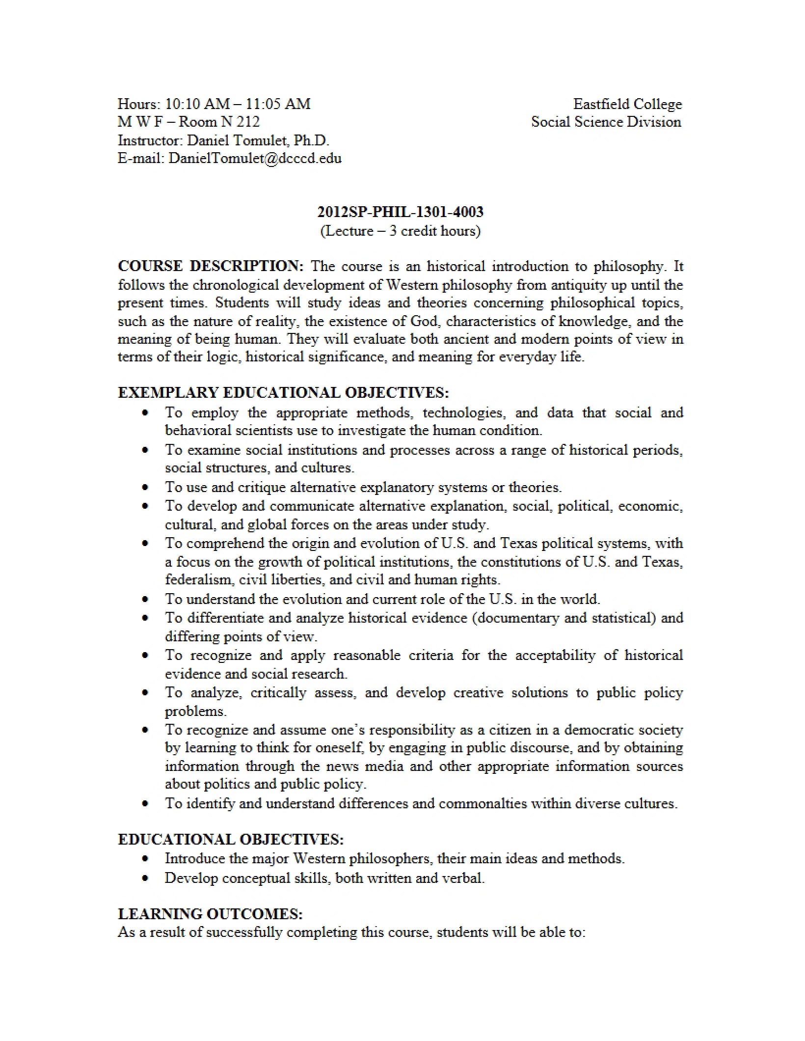 Syllabus for Introduction to Philosophy