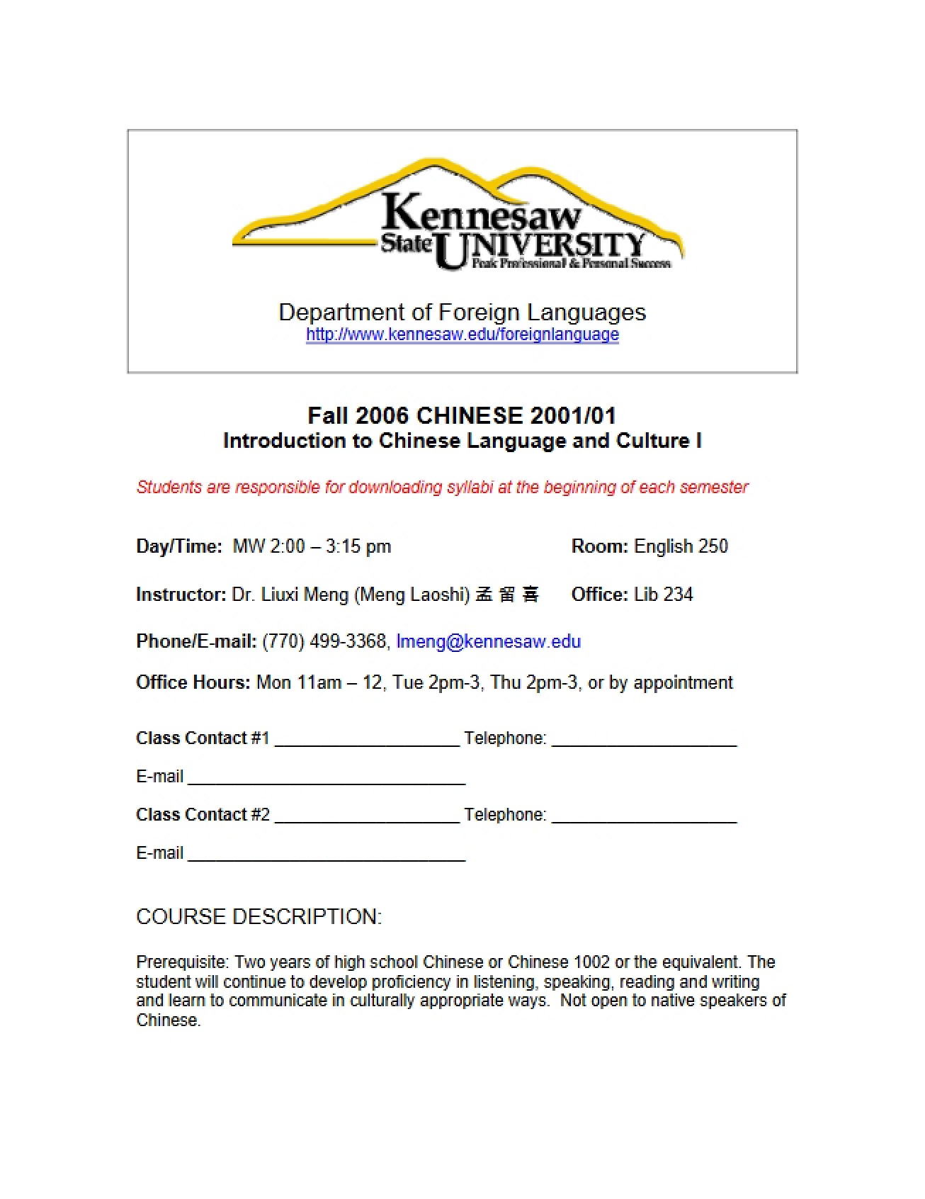 General Syllabus for a Course on Intermediate Chinese Language and Culture