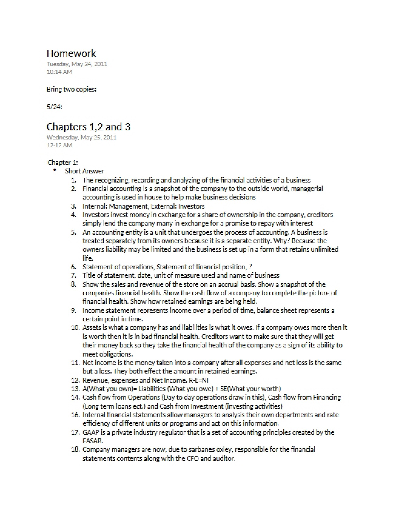 Financial Accounting Summary for Chapters 1-3