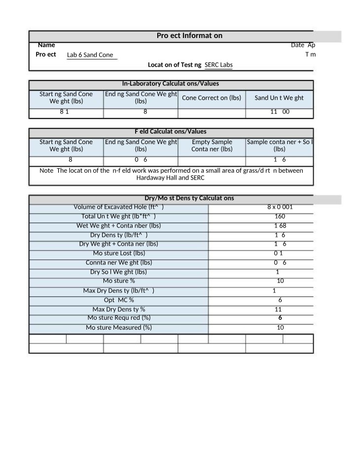 Lab 6 - Field and In-Lab Sand Cone Testing Calculations