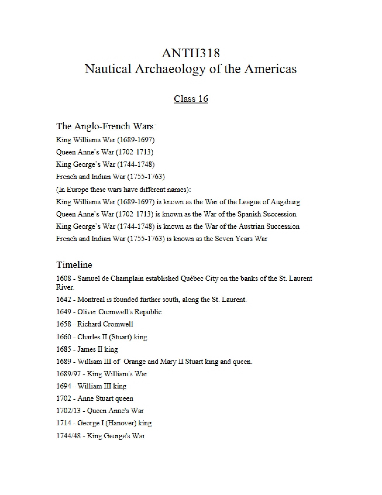Sixteenth Class An Examination of the Anglo-French Wars