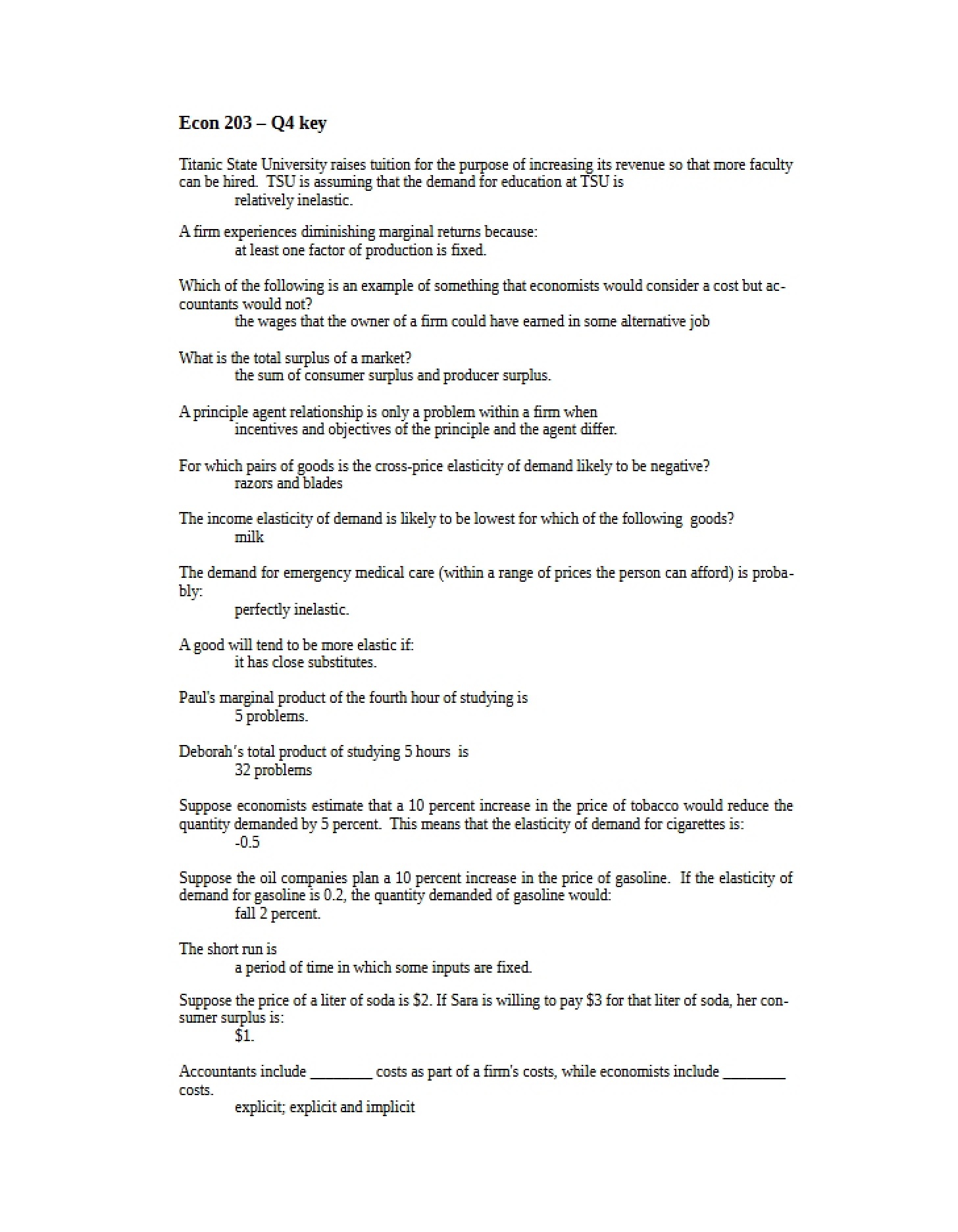 Answer Key for Quiz Four