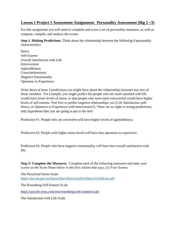 Big 5 +3 Personality Assessment Assignment