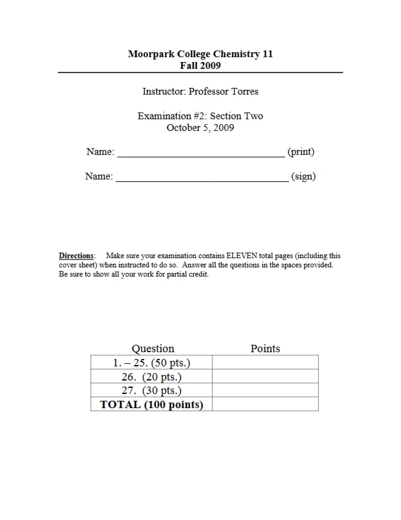Exam Two for Chemistry M11