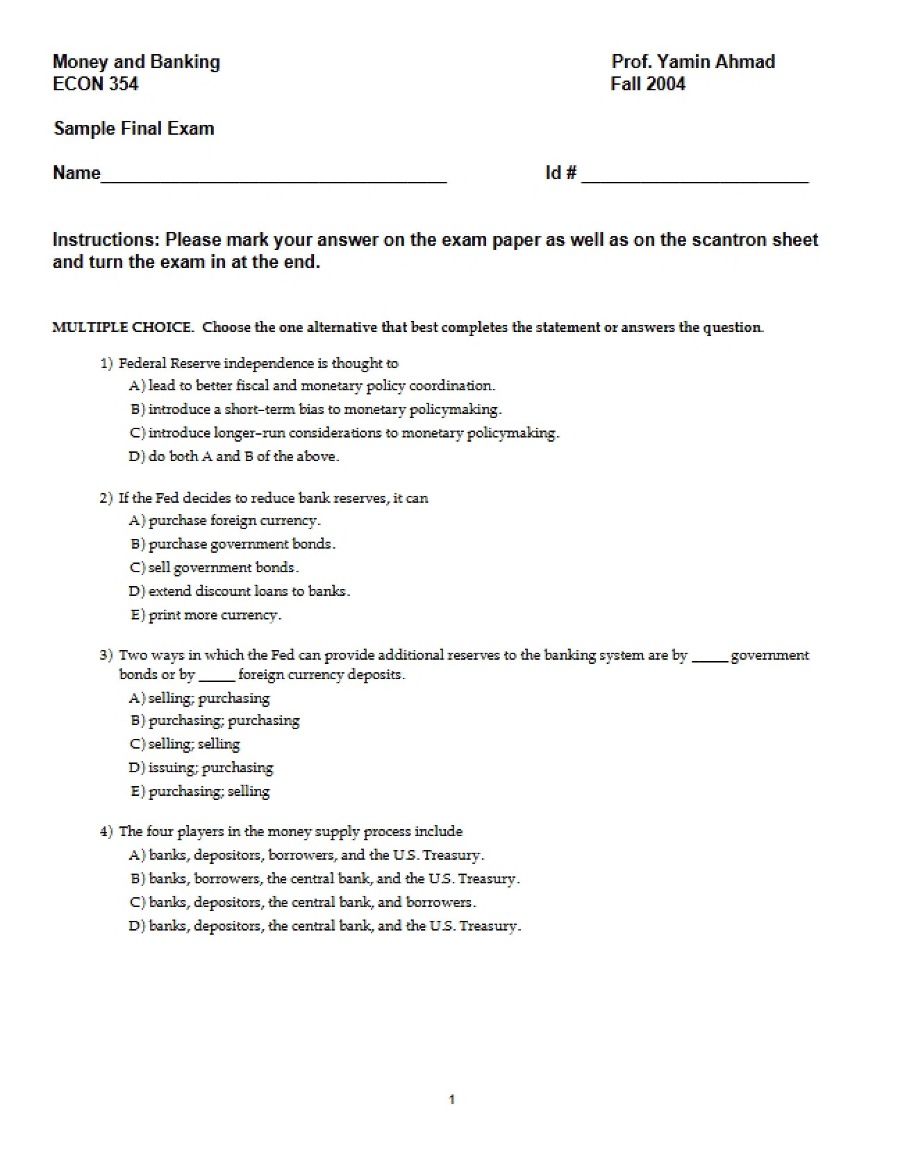 Examination (Final) - Money and Banking