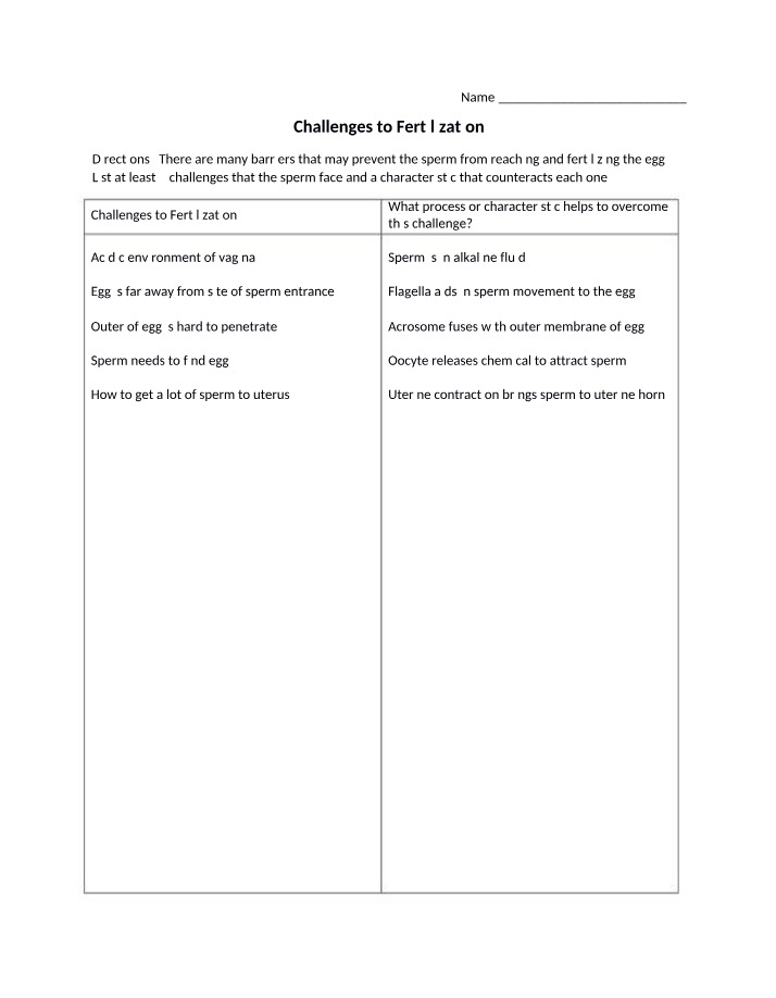 Worksheet on Challenges to Fertilization