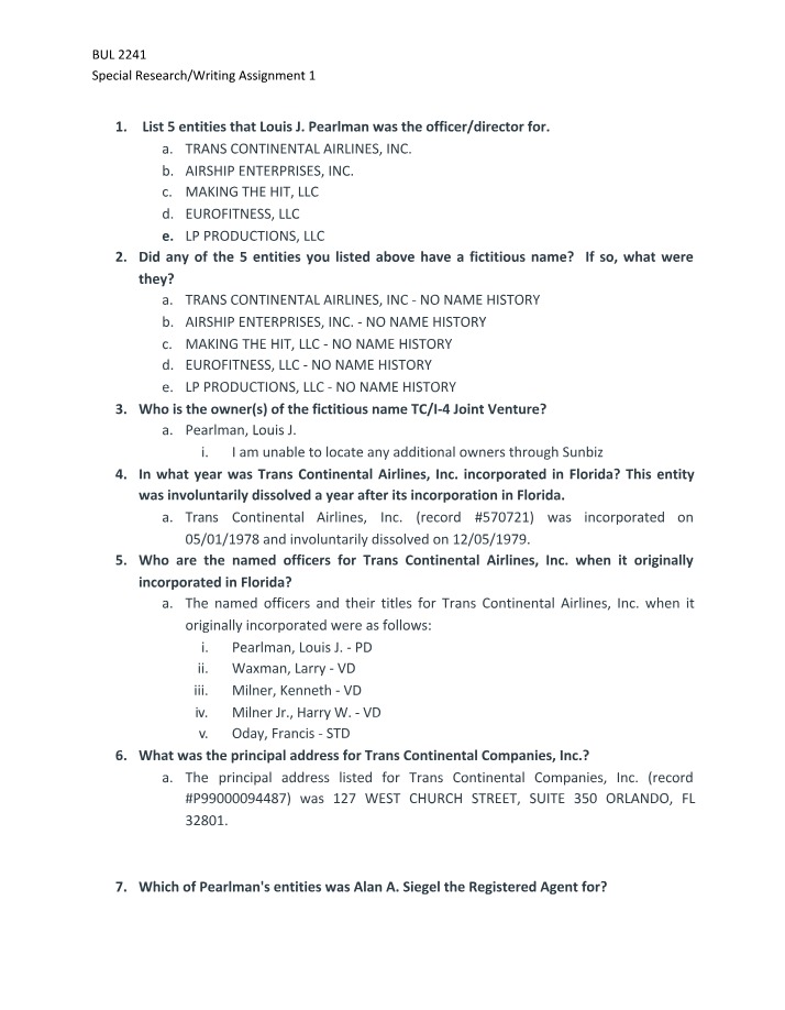 BUL2241 Research Project - Pearlman and Sunbiz Entities