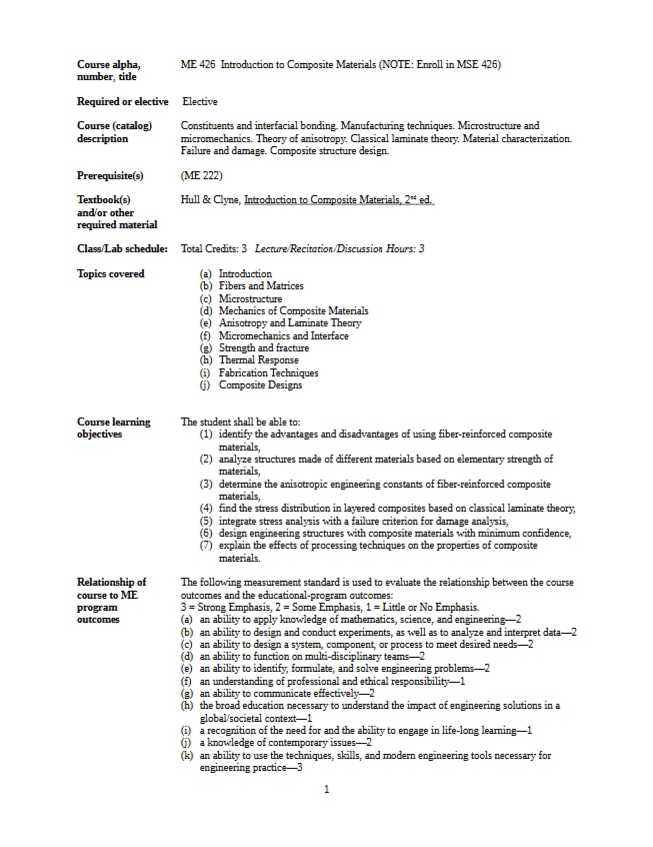 ME 426 Course Outline - ME 426