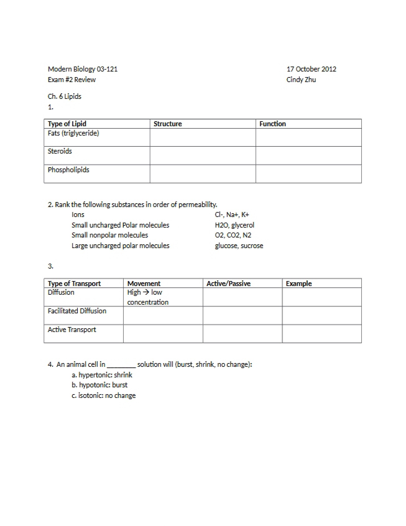 Review Sheet for Exam Two