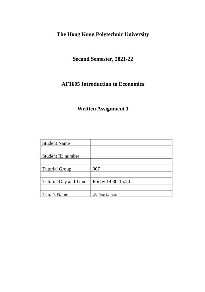 Introduction to Economics Written Assignment 1 (AF1605)