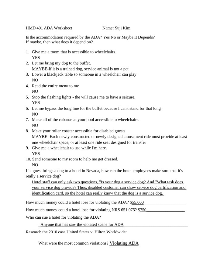 Worksheet on ADA