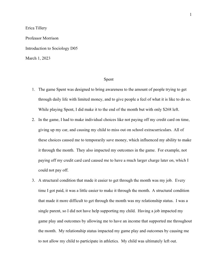 Erica Tillery's Reflection on Spent