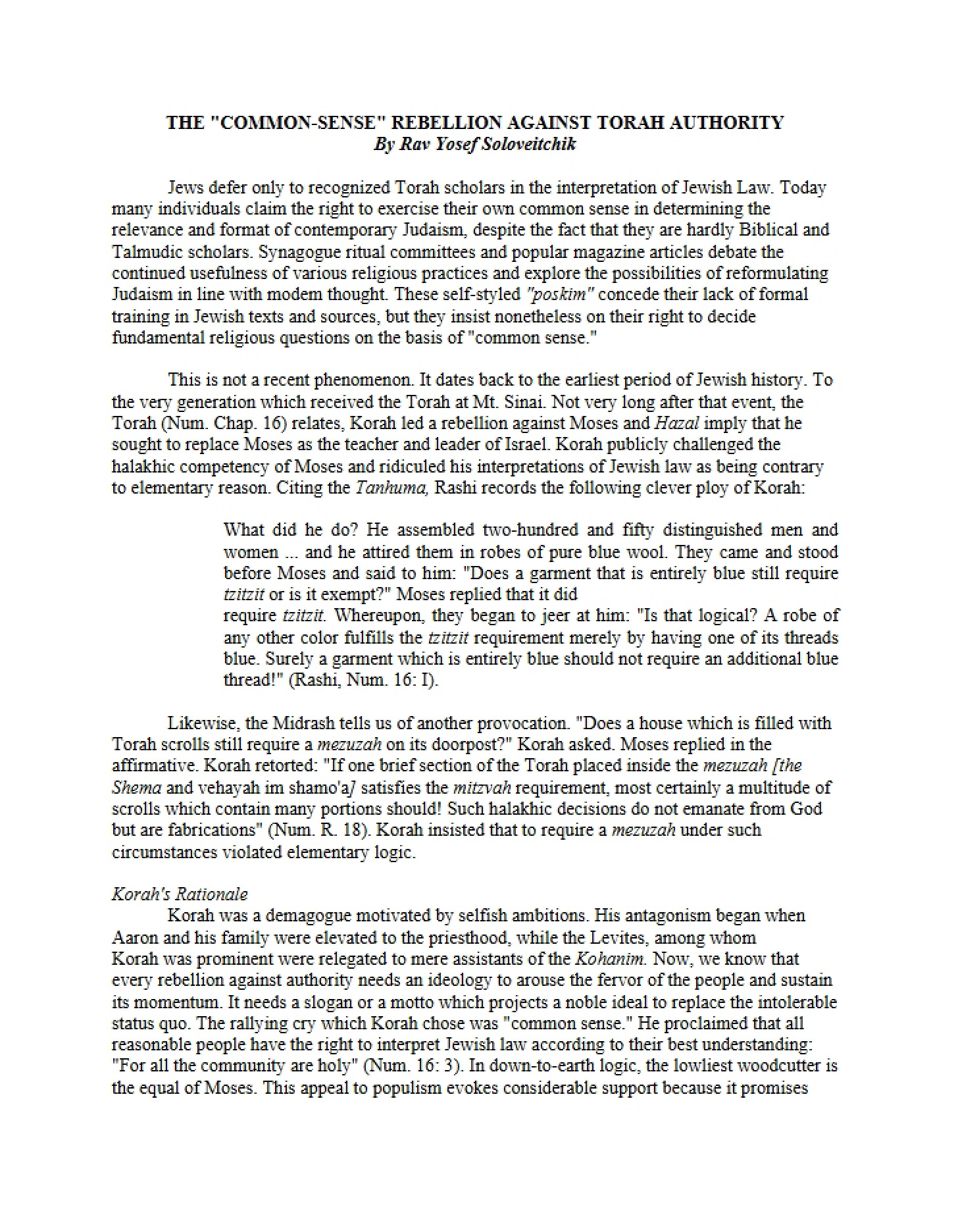 Soloveitchik Common Sense Rebellion Against Torah Authority