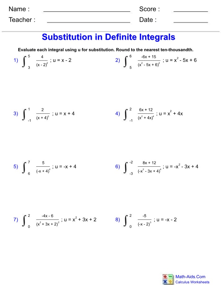 Substitution in Definite Integrals Calculus Worksheet