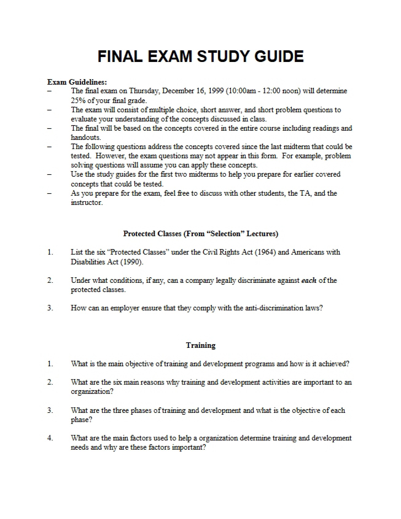 Guide for Final Exam Study