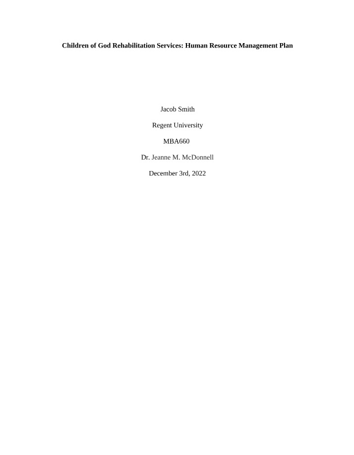 Human Resource Management Plan for Rehabilitation Services
