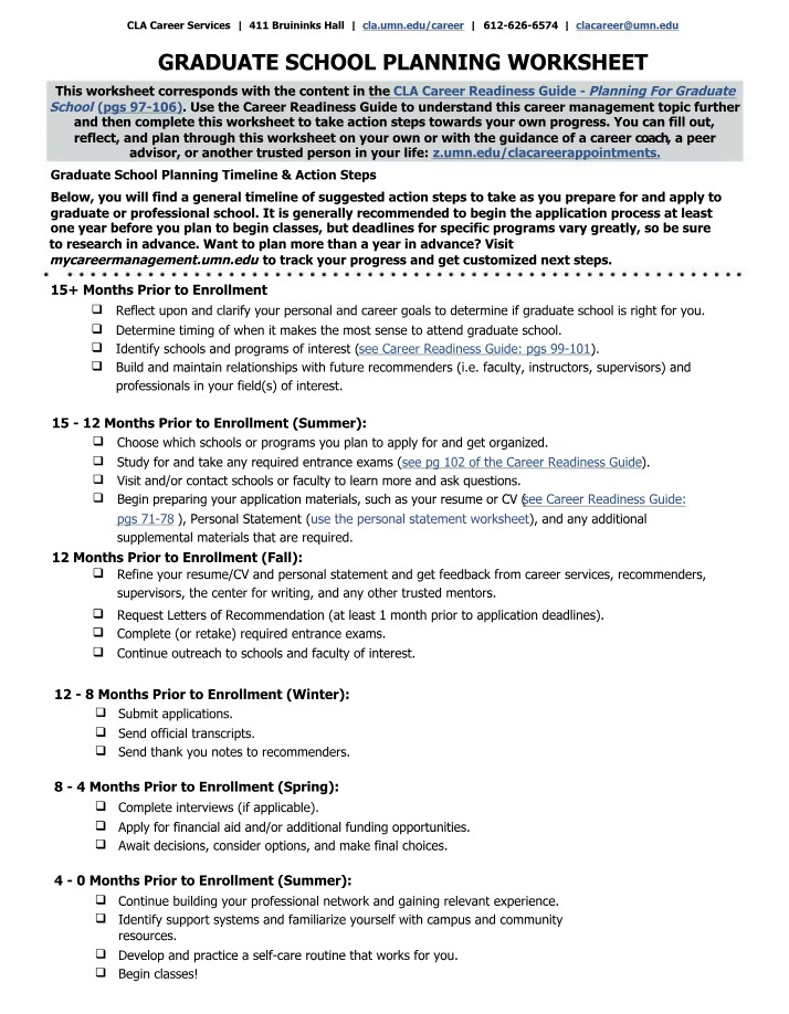 Worksheet for Graduate School Planning