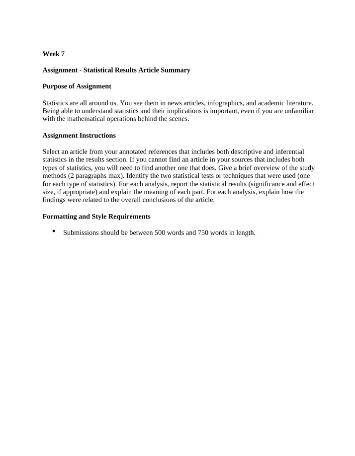 Week 7 Assignment - Statistical Results Article Summary
