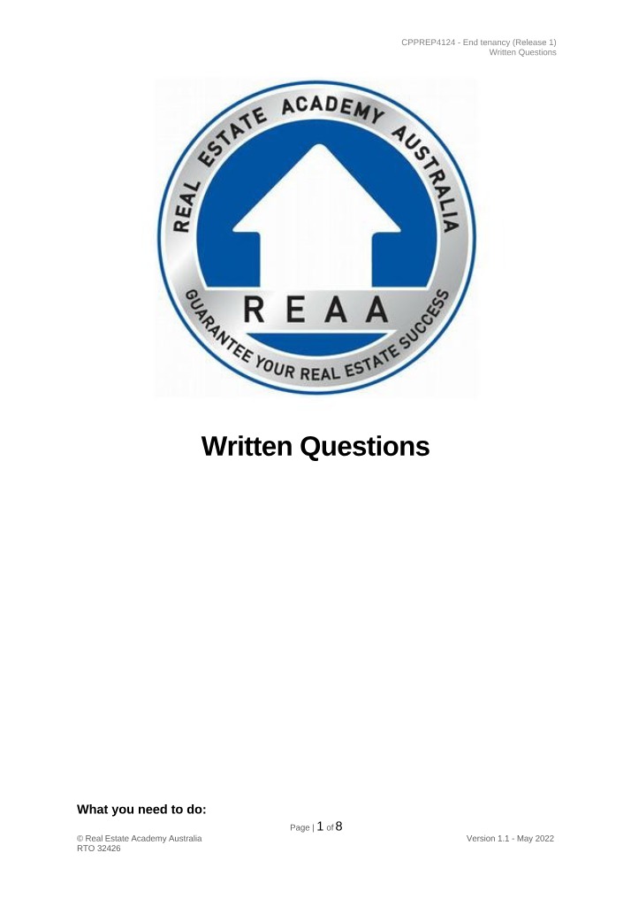 CPPREP4124 End Tenancy Release One Written Questions Alpha