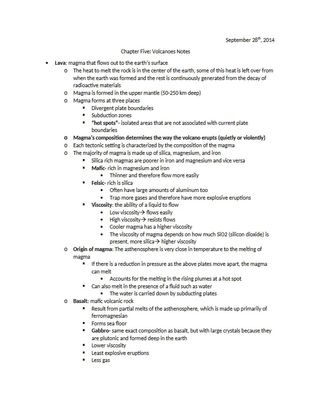Notes on Volcanoes (Ch 5)