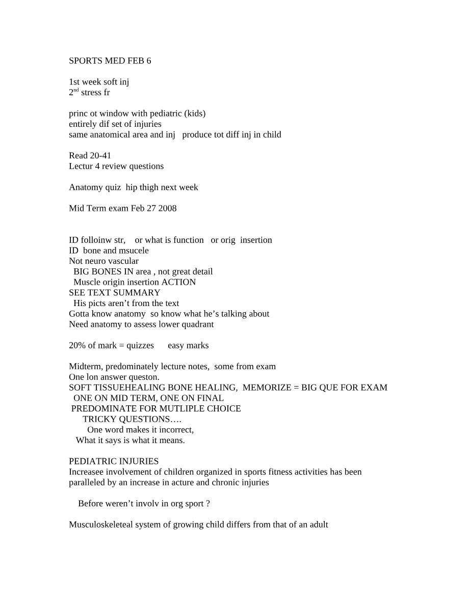 Feb 6 Sports Med Lecture Notes