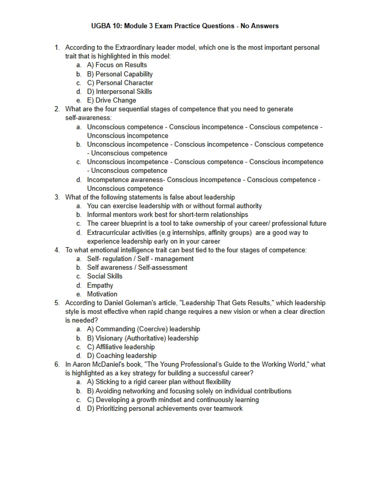 Practice Questions for Third Module Exam