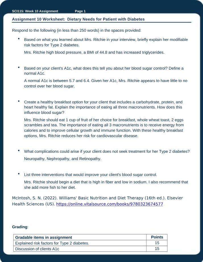 Dietary Needs for Patients with Diabetes - Assignment 10 Worksheet