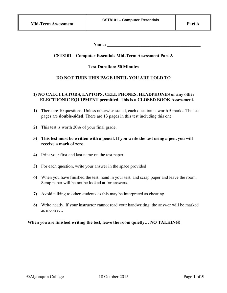 CST8101 Mid-Term Assessment Part A Draft