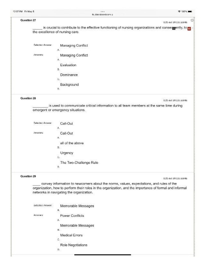 Questions on Nursing Organization and Management