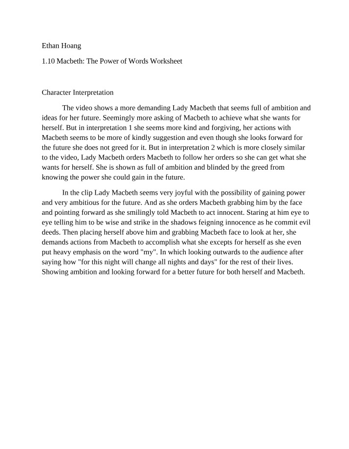 Worksheet on the Power of Words in Macbeth