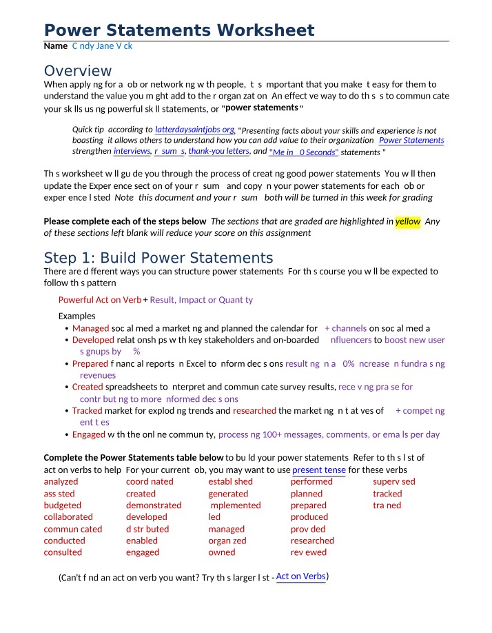 Worksheet for Power Statements