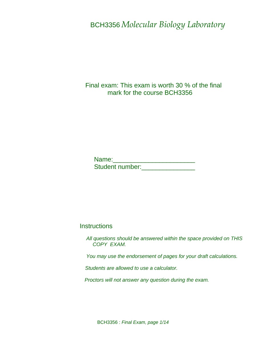 Molecular Biology Laboratory Final Exam