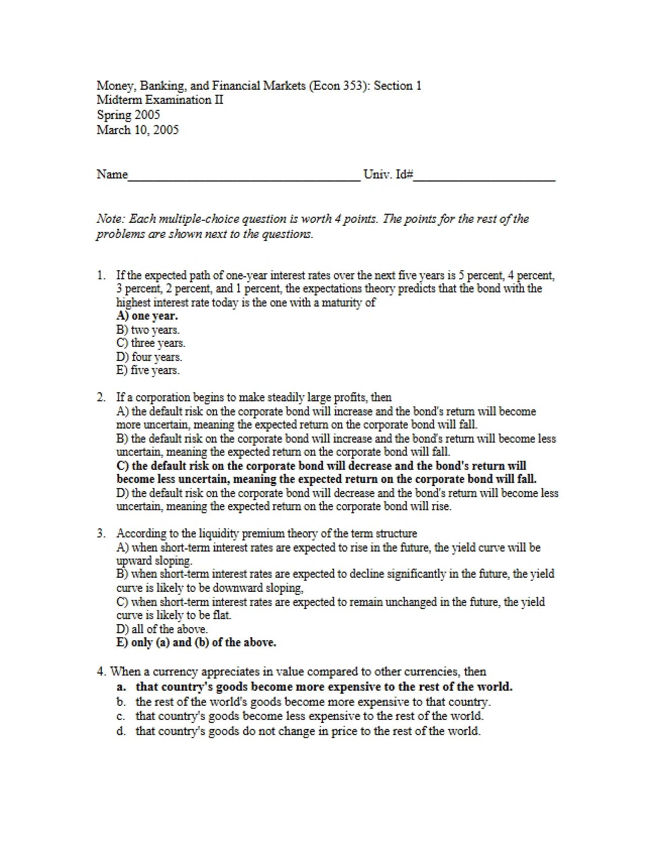 Second Practice Exam for Money, Banking, and Financial Markets