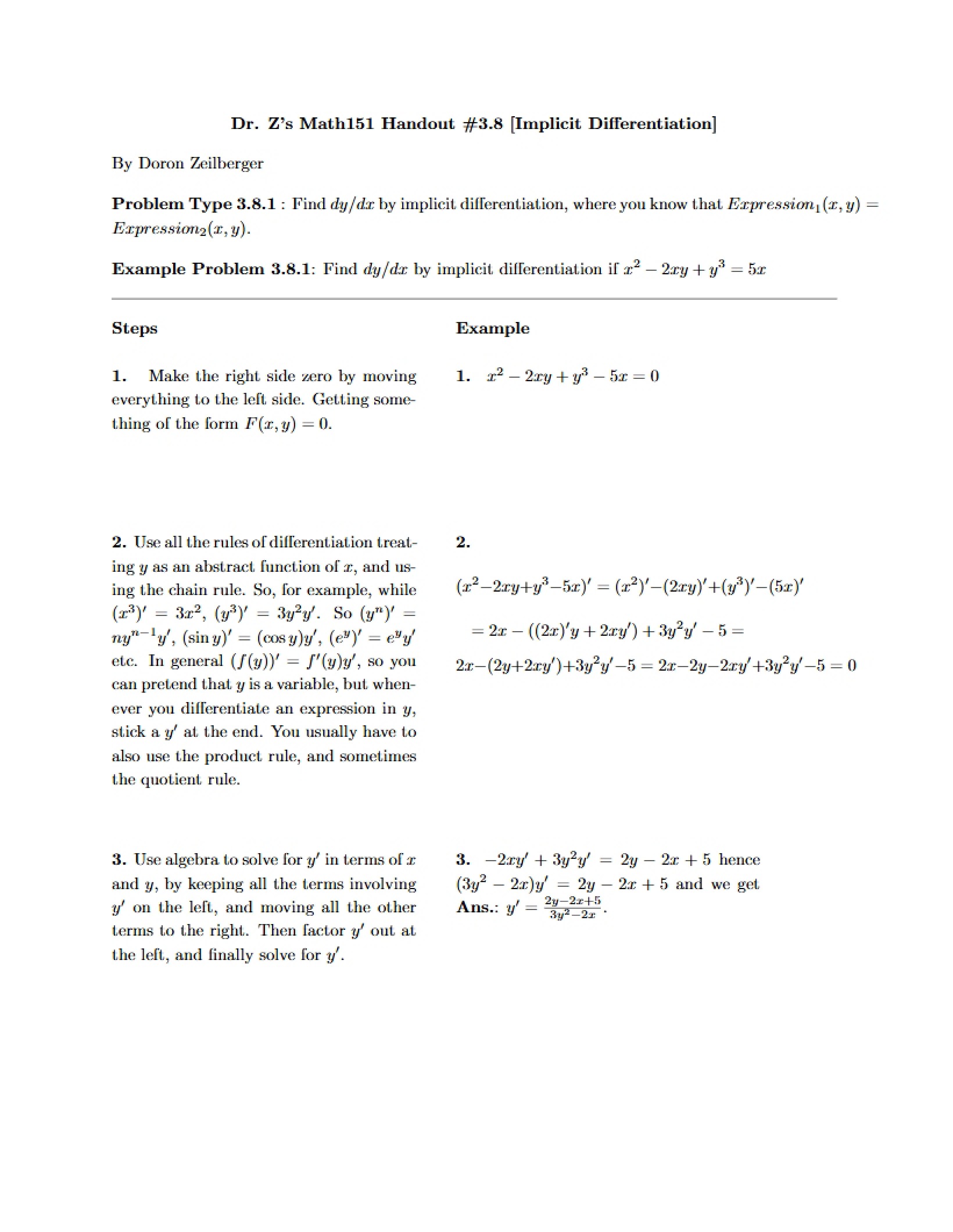 Differentiation Implicit (Handout 3.8)