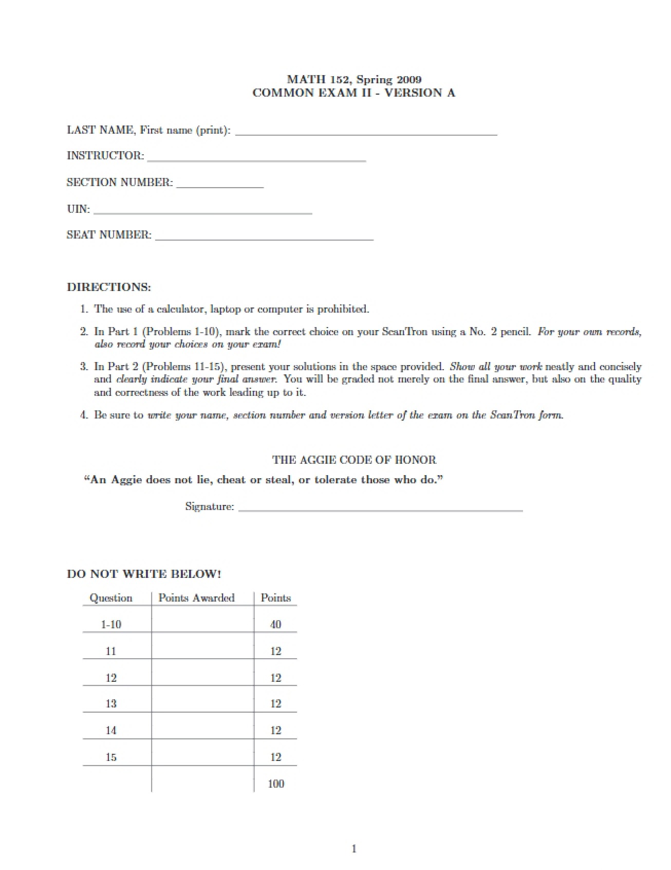 Common Exam Two (Version A, 2009)