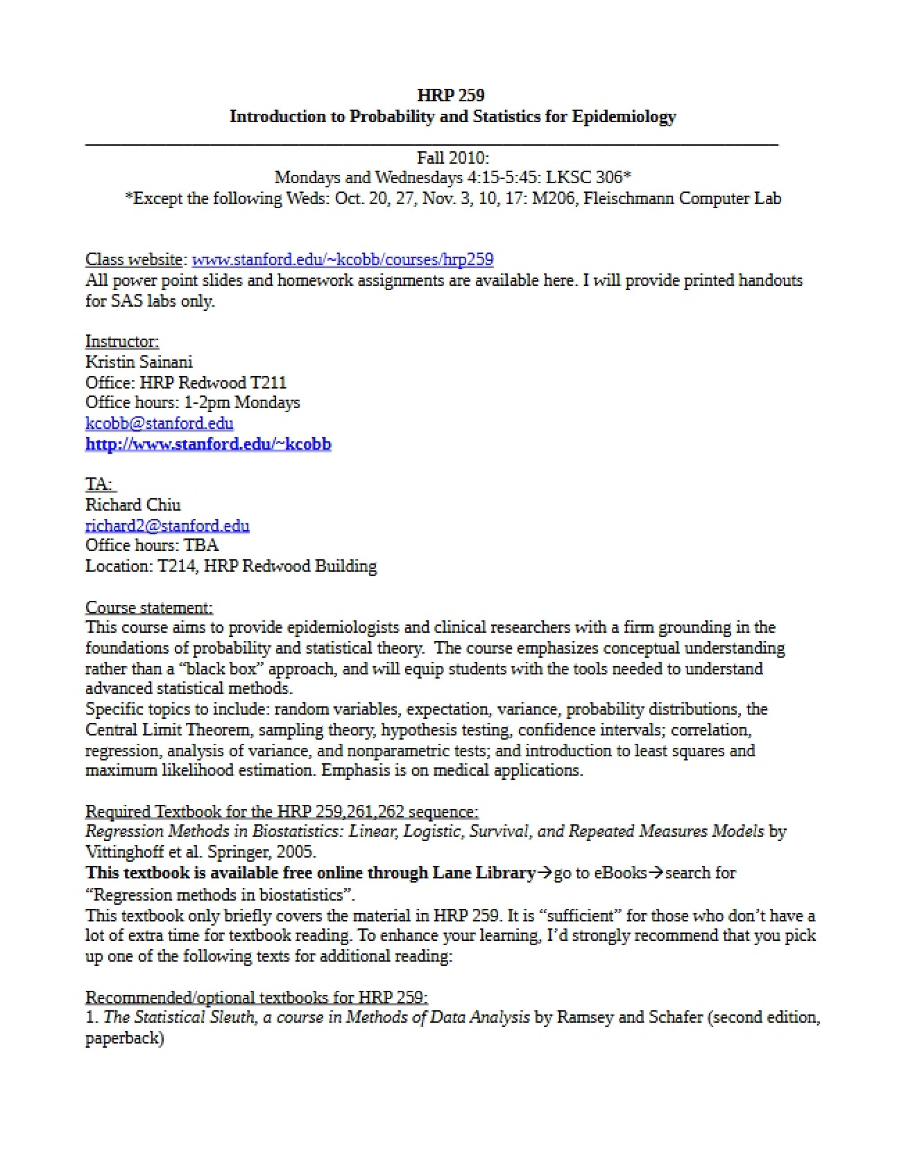 Course Syllabus for Probability and Statistics for Epidemiology