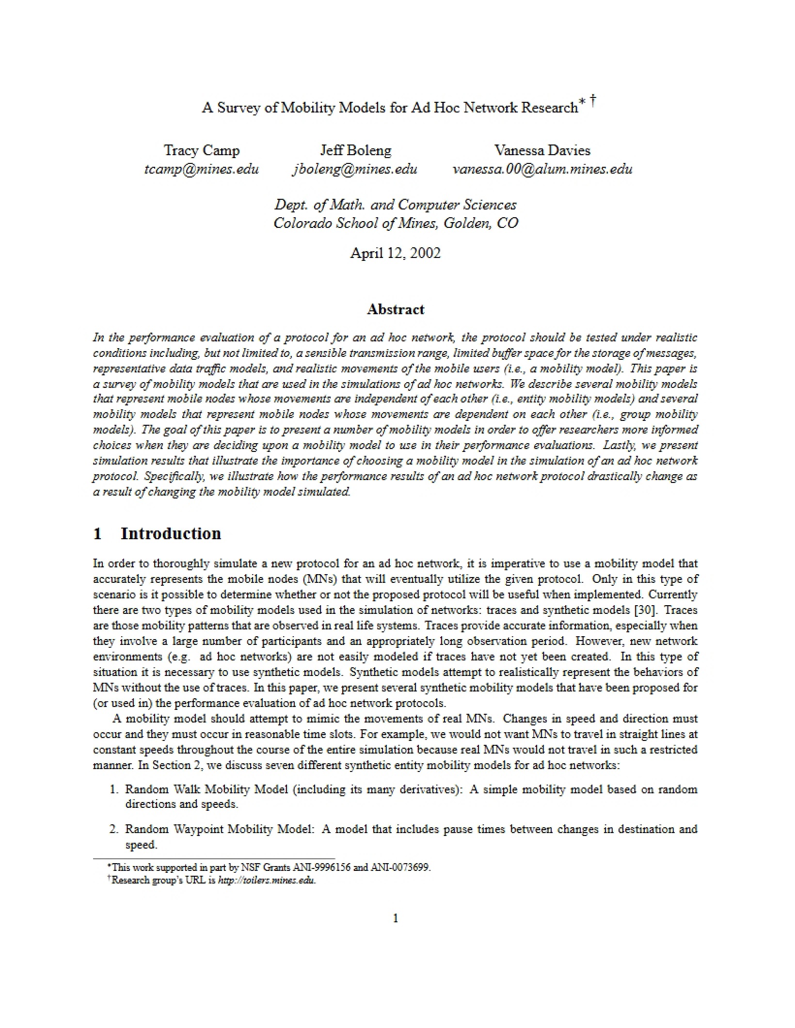Ad Hoc Network Research Mobility Models Survey